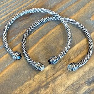 Lot of 2 Twisted Cable Rope Cuff Bracelets Silver Tone Clear and Black End Caps